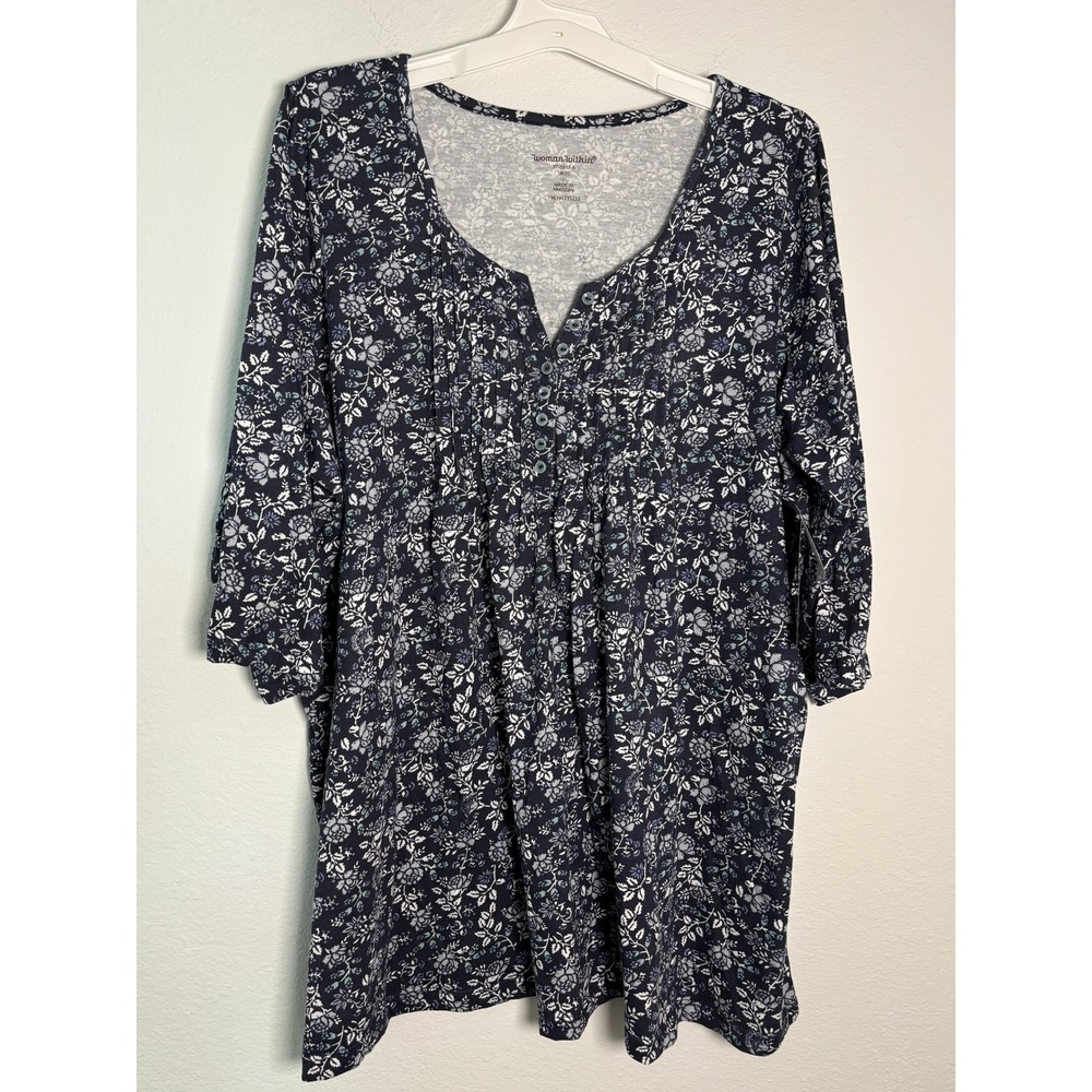 Woman Within Navy Blue Floral Tunic Top 3/4 Sleeve Button Neck Size L 18/20